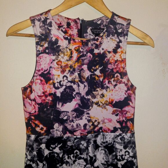 Topshop Sleeveless Scuba Bodycon Dress-Size 6-Photo Realistic Floral-Stretch - Picture 3 of 8
